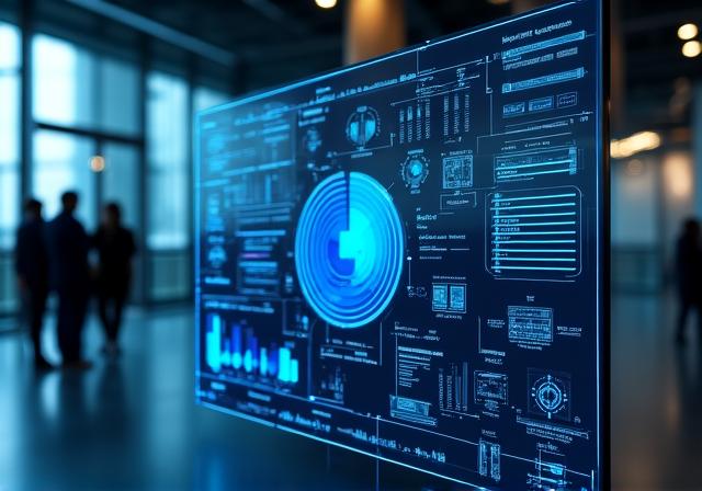 Futuristic digital dashboard interface with 3D data visualizations